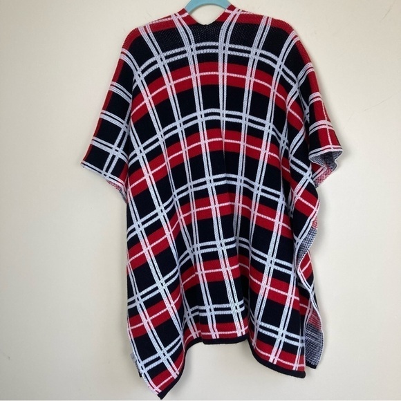 NY&Co Plaid Open Front Poncho Cardigan w Front Pockets Black/Red/White Size M - Picture 5 of 15